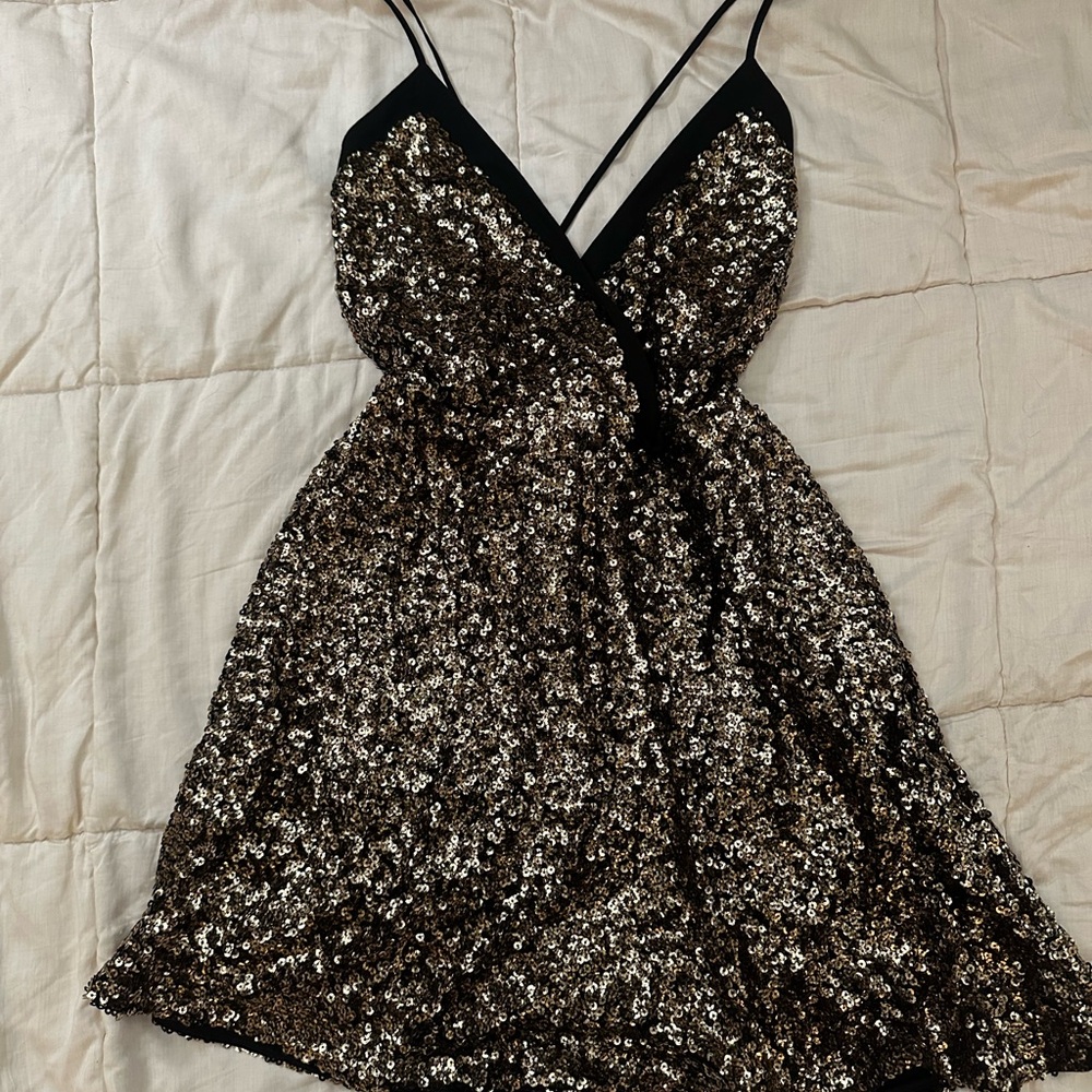 Express Black and Gold Sequin Mini Dress